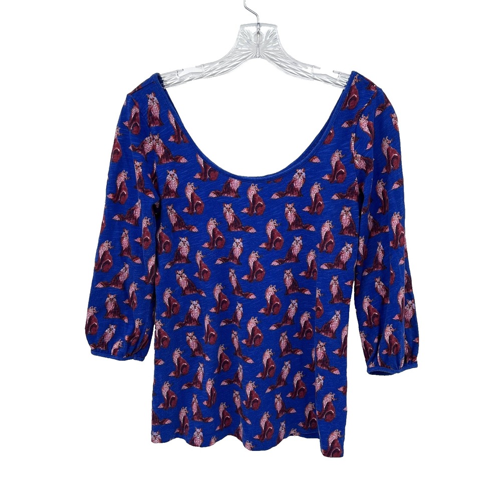 POSTMARK ANTHROPOLOGIE Women's Size S Blue Fox Print Scoop Neck 3/4-Sleeve Shirt